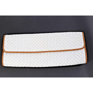 Sondra Roberts White Woven Leather Oversized Flap Clutch Bag